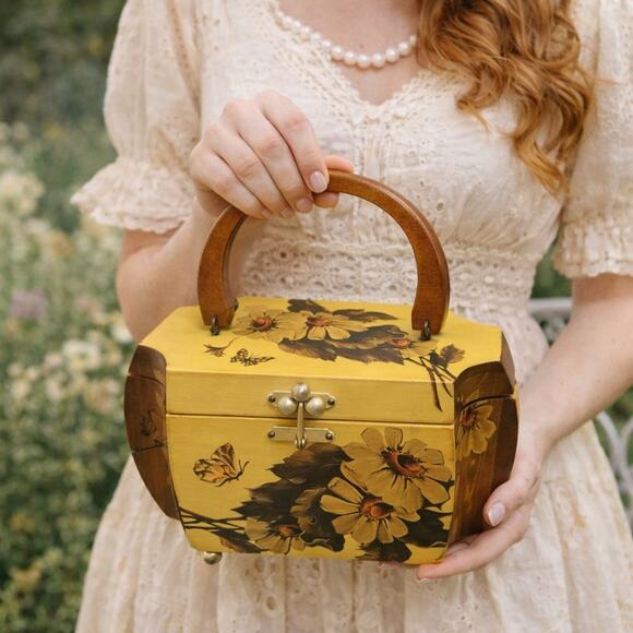 VINTAGE Handbags - Vintage Wooden Folk Art Brown Yellow Floral Décolletage 1960s Purse Mirror Retro